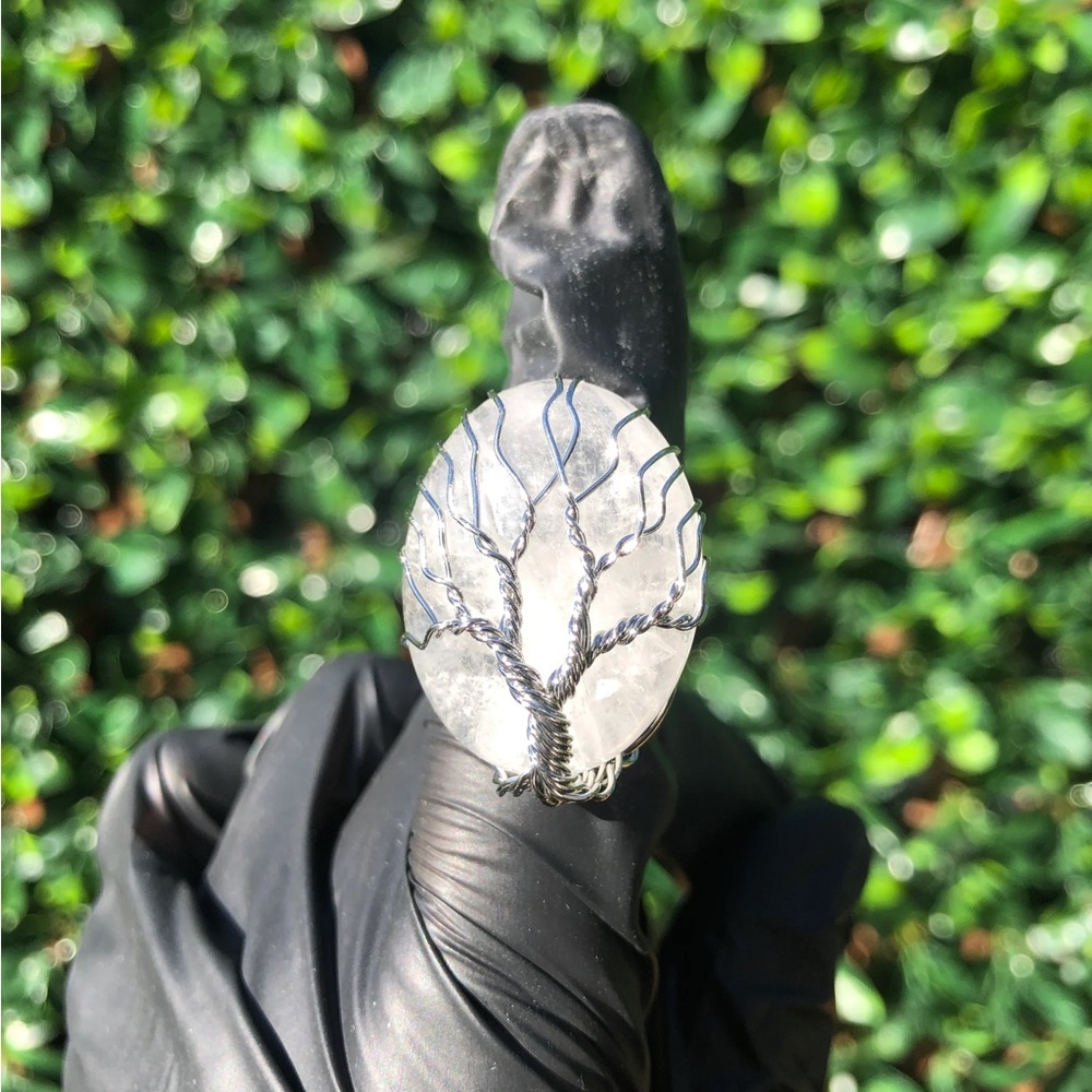 CLEAR QUARTZ TREE OF LIFE ADJUSTABLE SILVER RING FESTIVAL CRYSTALS STATEMENT